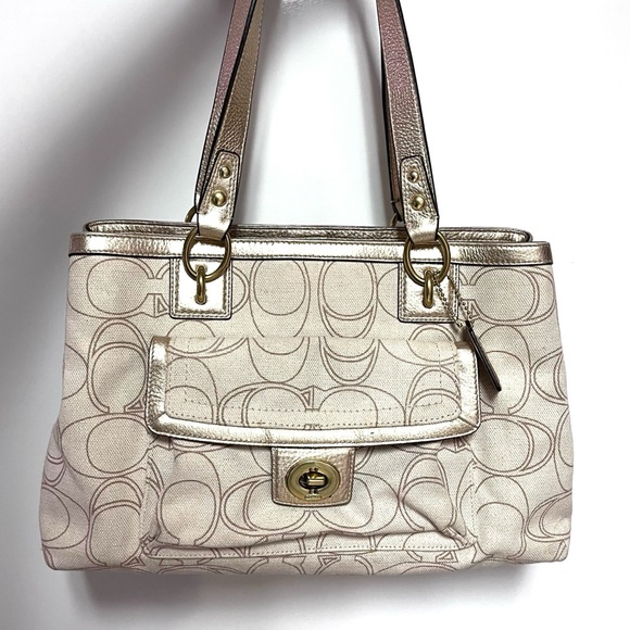 Coach Monogram Penelope Handbag Satchel Gold Leather Ivory Linen Signature C - Picture 7 of 16